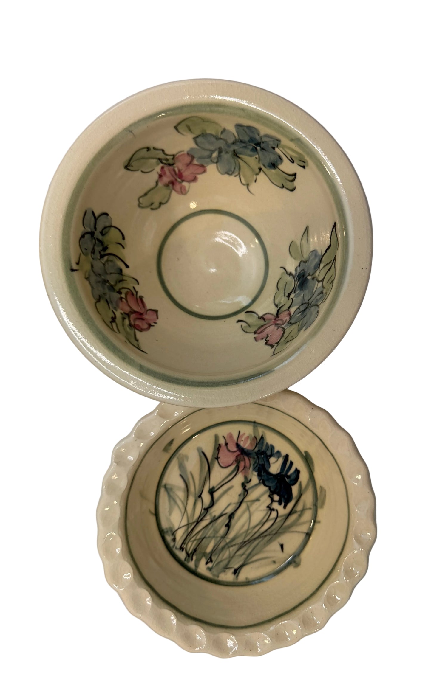 Vintage Hand-Painted Studio Pottery Floral Bowl - Pie Dish - Artisan Ceramic Serving Set (2)