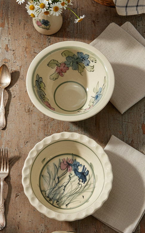 Vintage Hand-Painted Studio Pottery Floral Bowl - Pie Dish - Artisan Ceramic Serving Set (2)