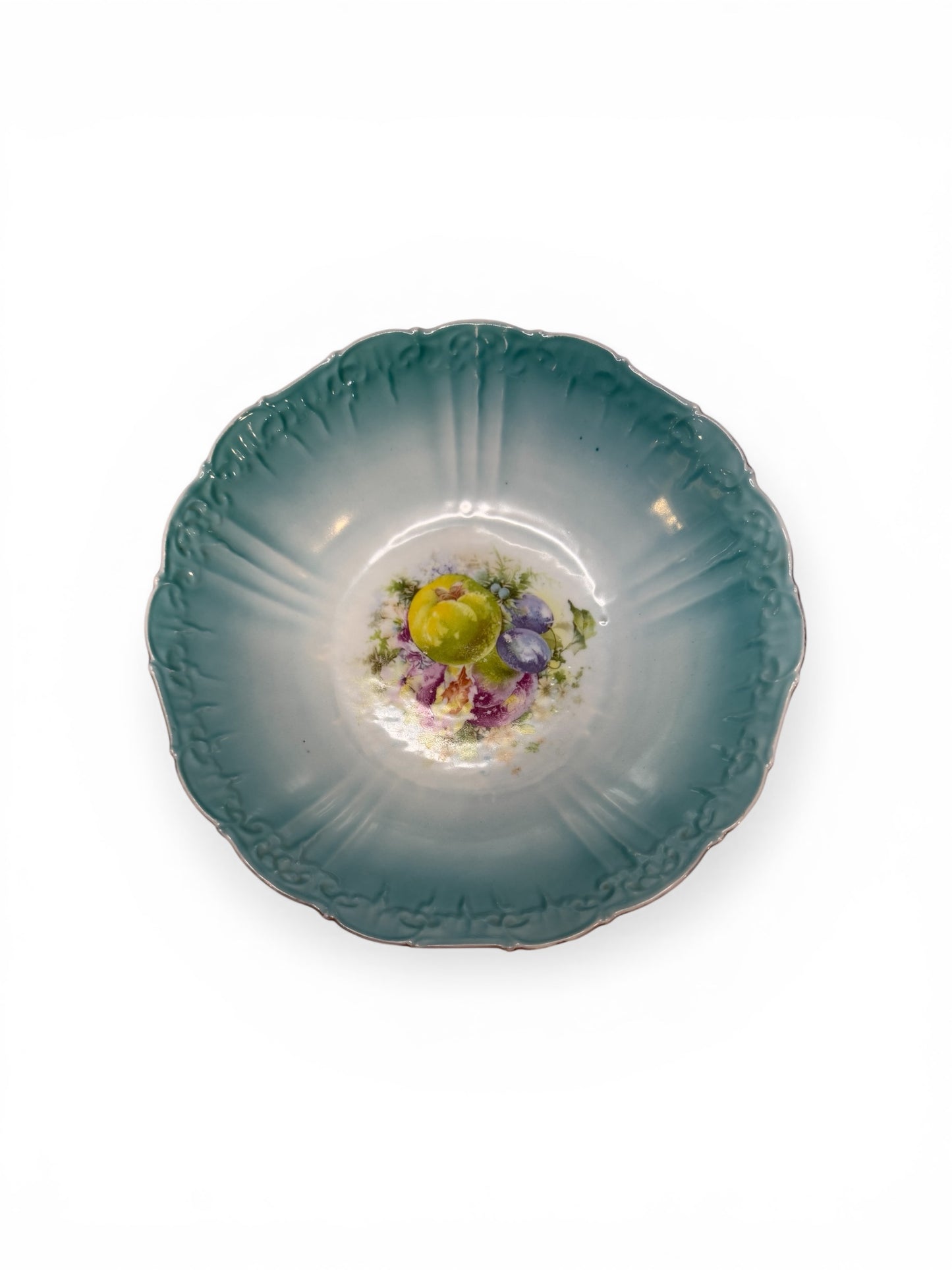 Antique Hand-Painted Porcelain Fruit Bowl – Scalloped Rim, Teal Gradient Glaze (Early 1900s)