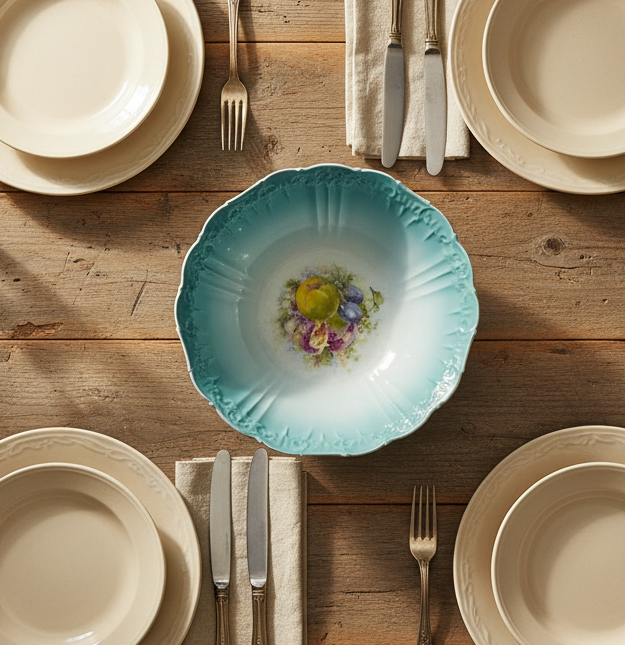 Antique Hand-Painted Porcelain Fruit Bowl – Scalloped Rim, Teal Gradient Glaze (Early 1900s)