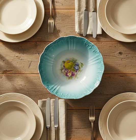 Antique Hand-Painted Porcelain Fruit Bowl – Scalloped Rim, Teal Gradient Glaze (Early 1900s)