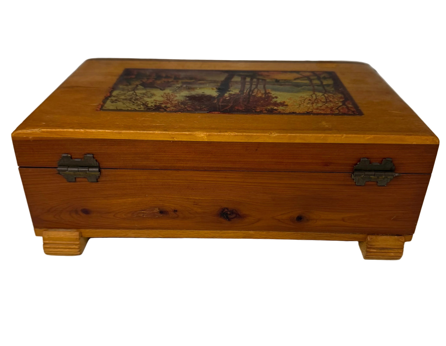 Vintage Cedar Jewelry Box with Autumn Landscape Decoupage