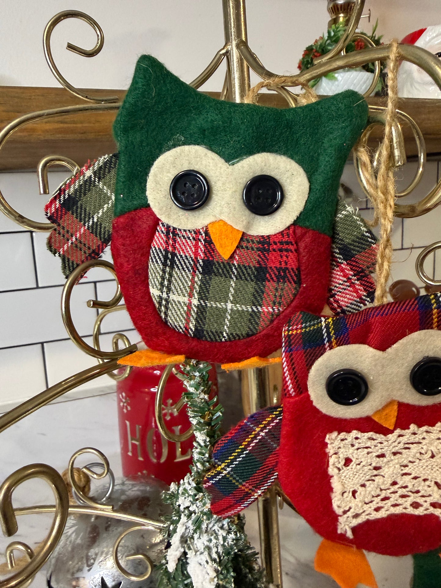 Vintage Handmade Fabric Owl Ornament Set