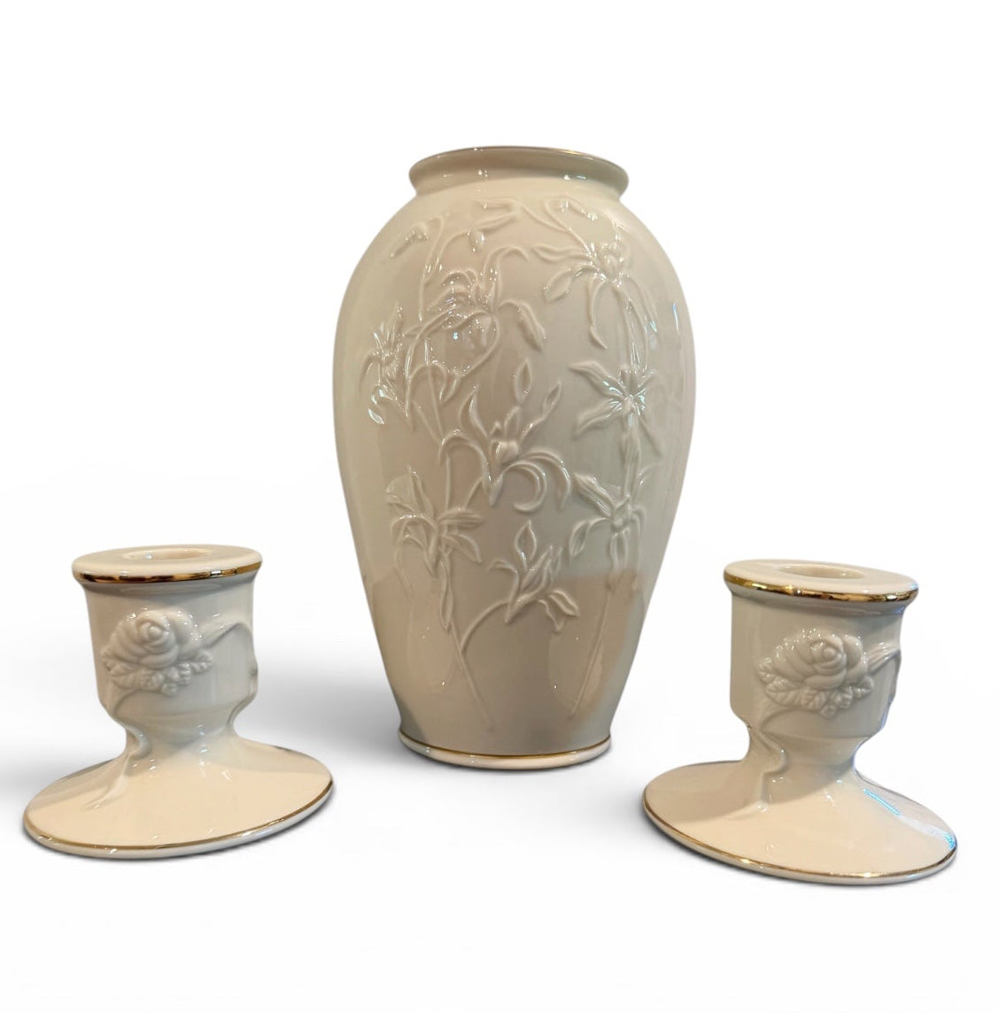 Lenox Vintage Masterpiece Collection Vase & Rosebud Candlestick Set – Ivory Fine Porcelain with 24K Gold Trim