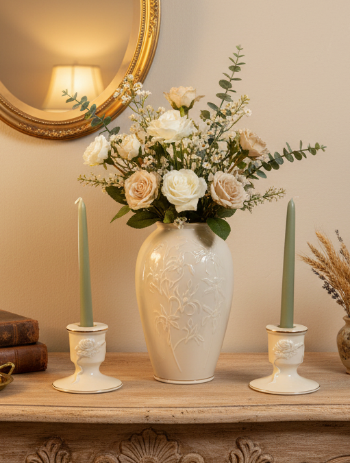 Lenox Vintage Masterpiece Collection Vase & Rosebud Candlestick Set – Ivory Fine Porcelain with 24K Gold Trim