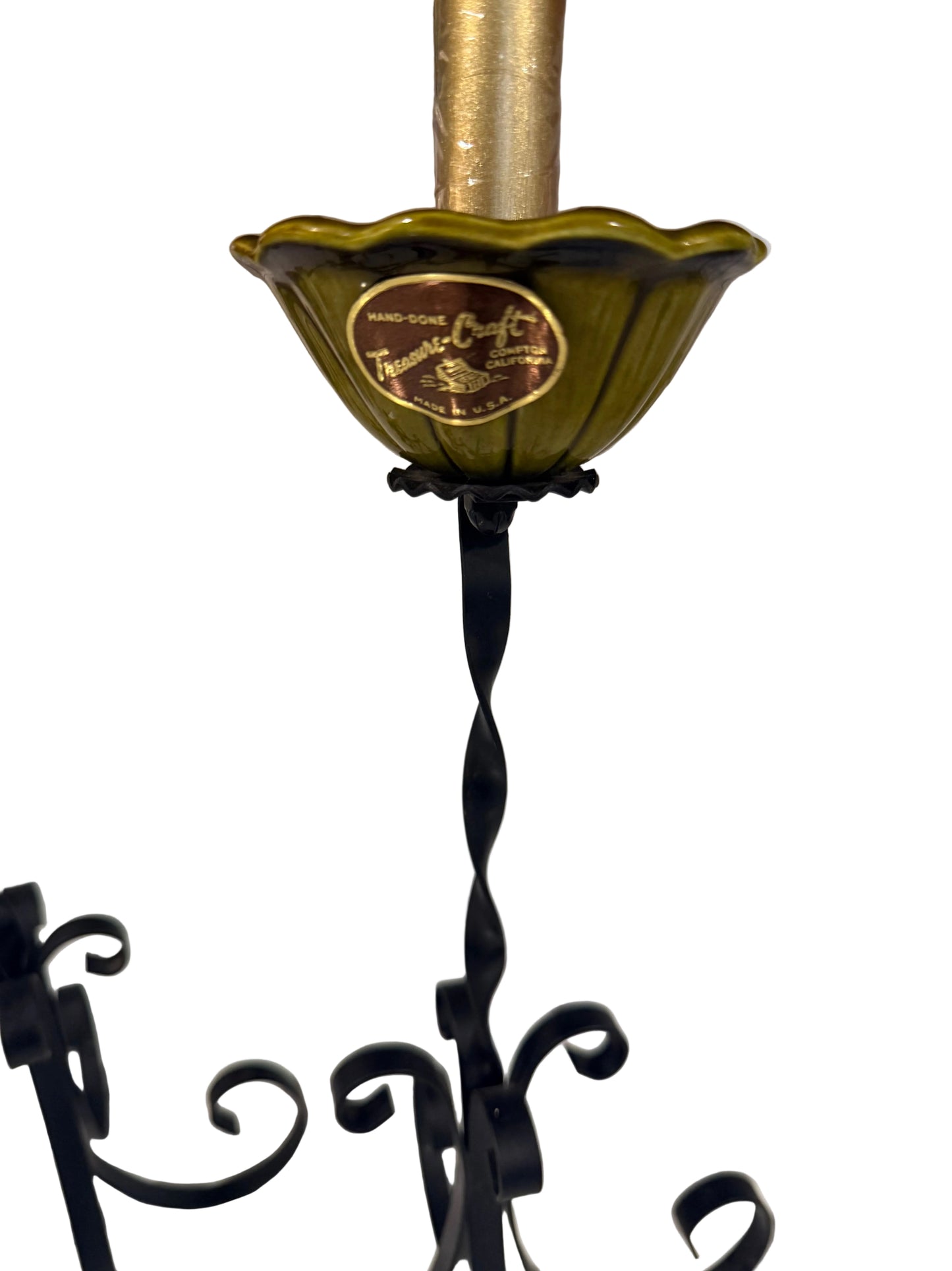 Set of Two Rare Treasure Craft Black Metal & Green Ceramic Candelabra