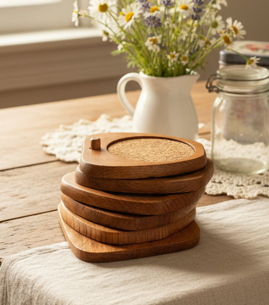 Apple-Shaped Vintage Cottagecore Wooden Coasters with Cork Inlay - Set of 6