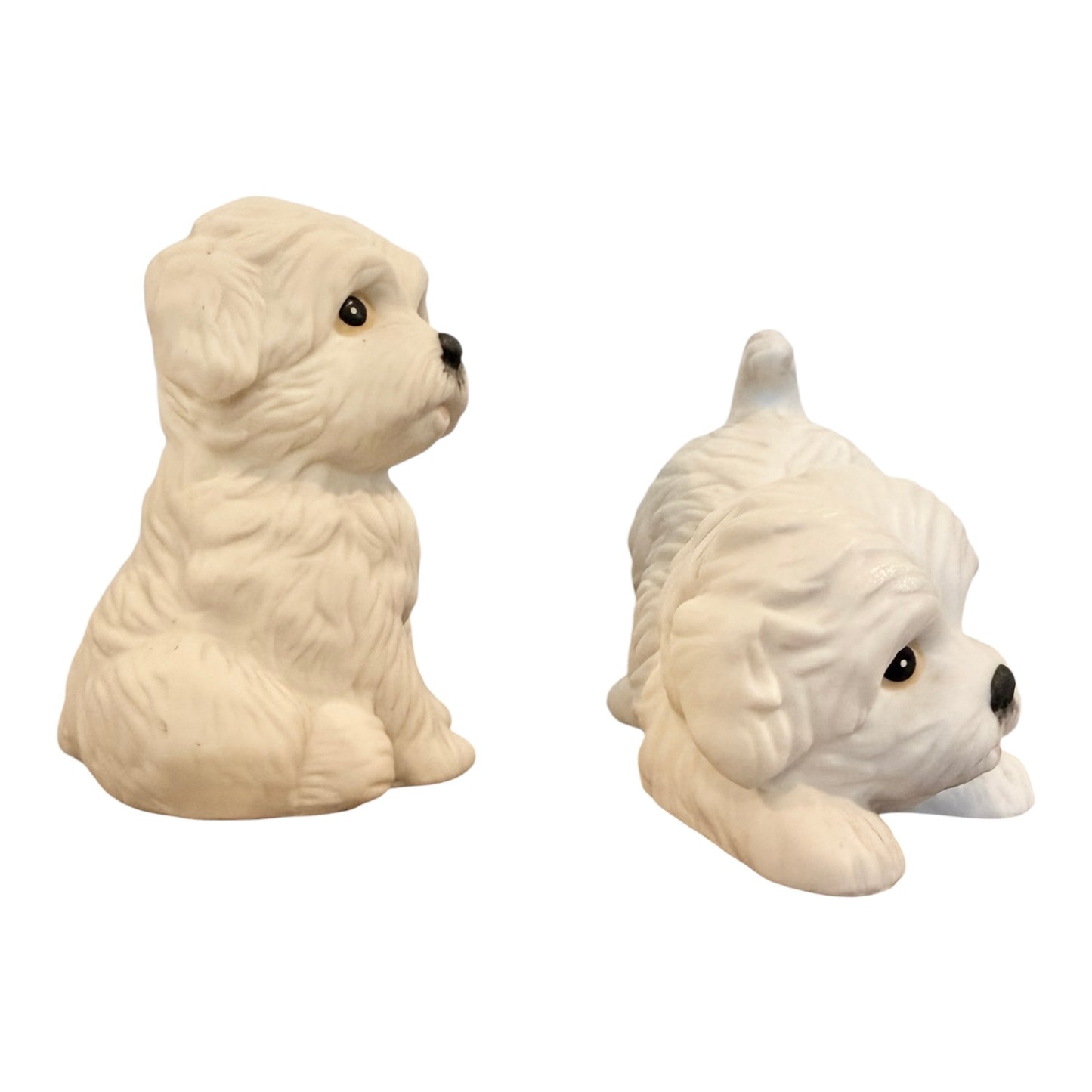 Homco Maltese Puppy Figurines #1411 – Set of 2 White Porcelain Dogs, 1980s Collectible Decor