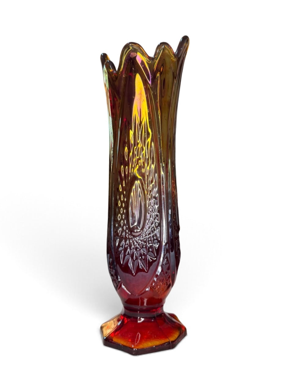 Indiana Glass Vintage Sunburst Amberina Swung Vase – 11” Red & Amber Glass