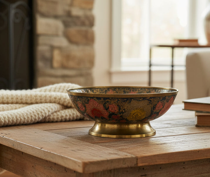 Vintage Brass Enameled Footed Bowl with Floral Design