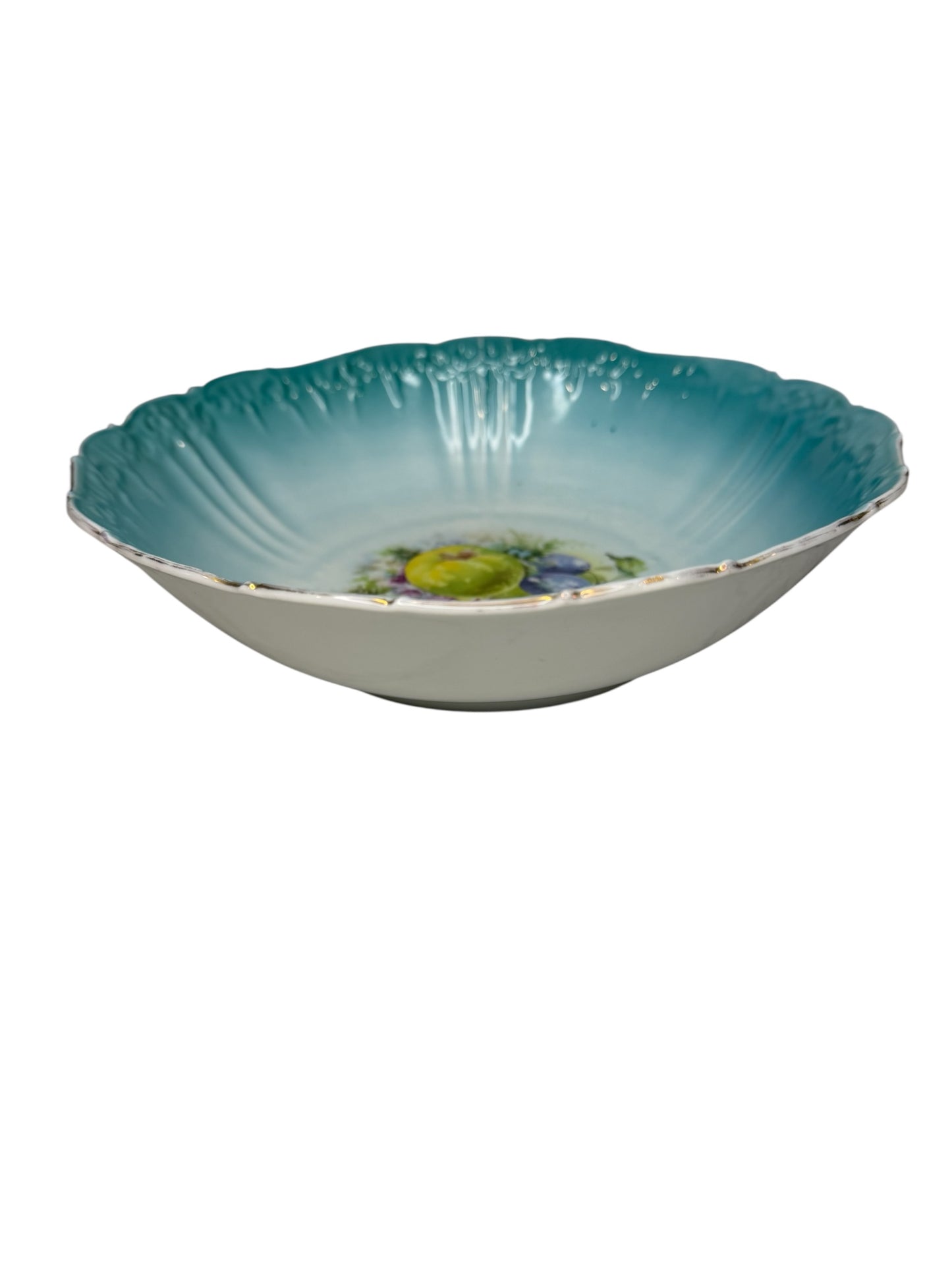 Antique Hand-Painted Porcelain Fruit Bowl – Scalloped Rim, Teal Gradient Glaze (Early 1900s)