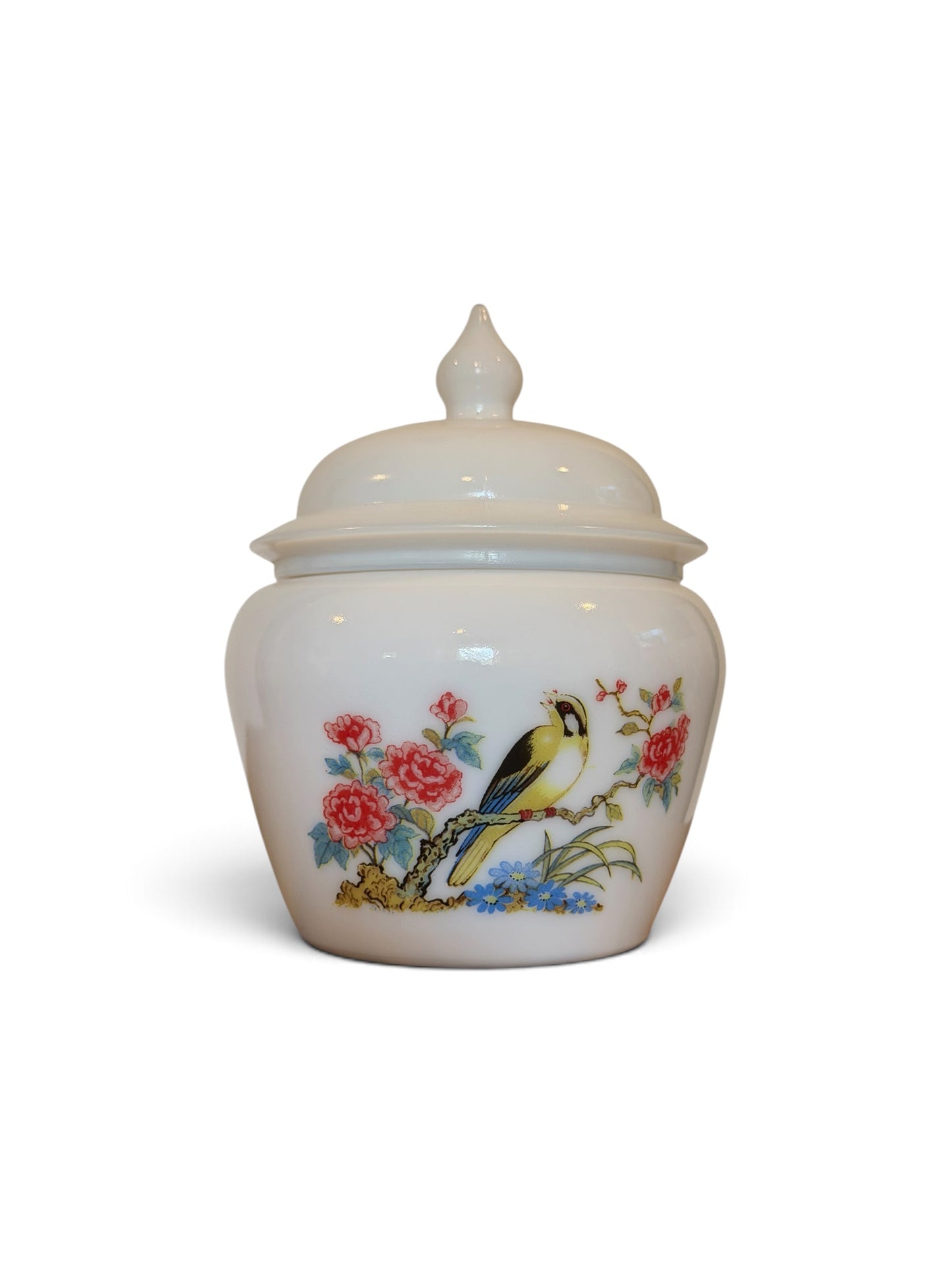 Avon Milk Glass Ginger Jar with Oriental Bird & Floral Motif – 1970s