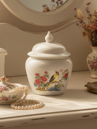 Avon Milk Glass Ginger Jar with Oriental Bird & Floral Motif – 1970s