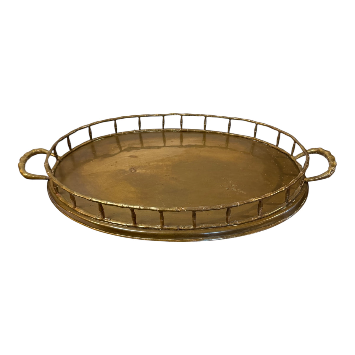 Hollywood Regency Brass Serving Tray with Faux Bamboo Gallery Rail & Handles – 20.5”