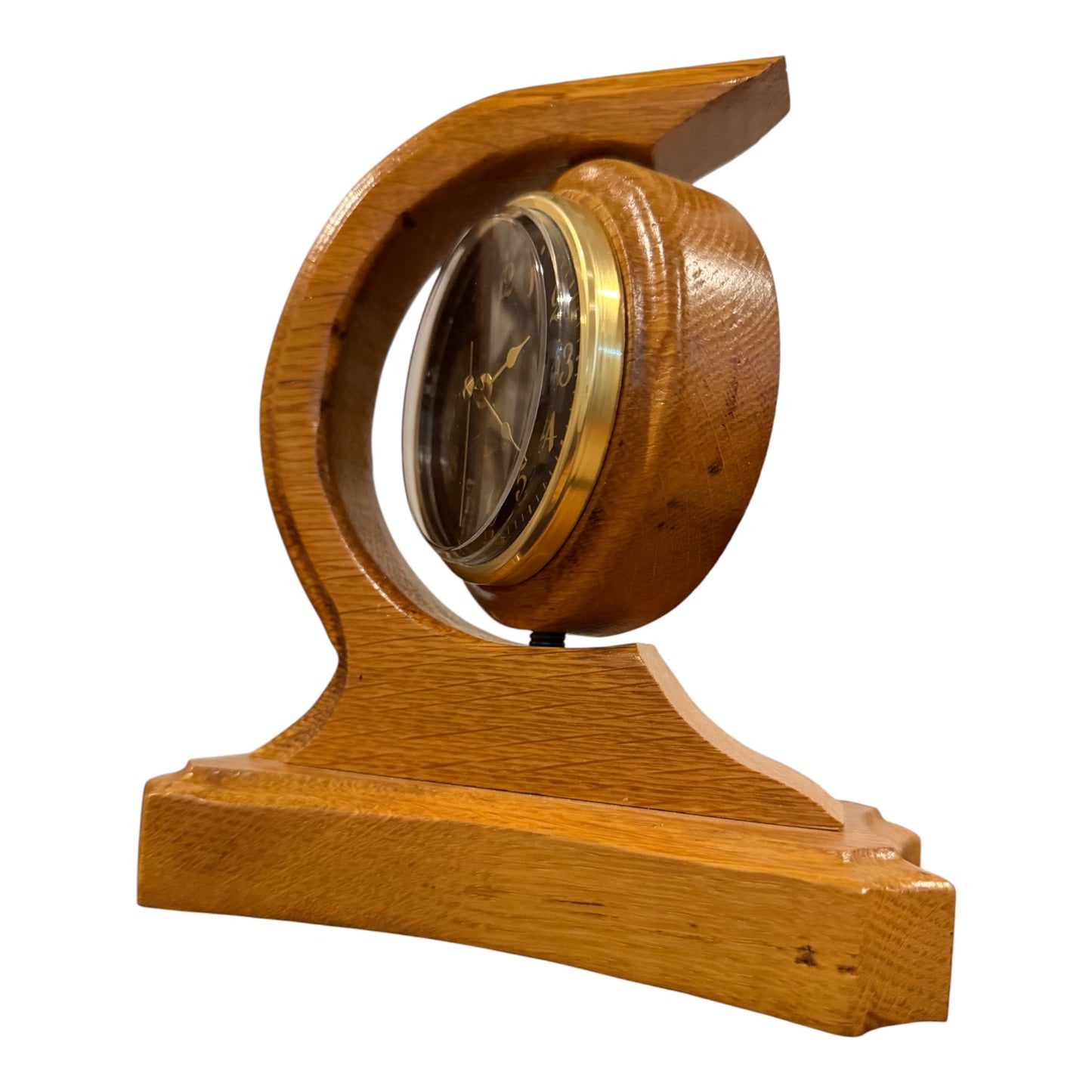Handmade Vintage Wooden Crescent Mantel Clock | Swivel Quartz Clock | Solid Oak Desk Shelf Clock