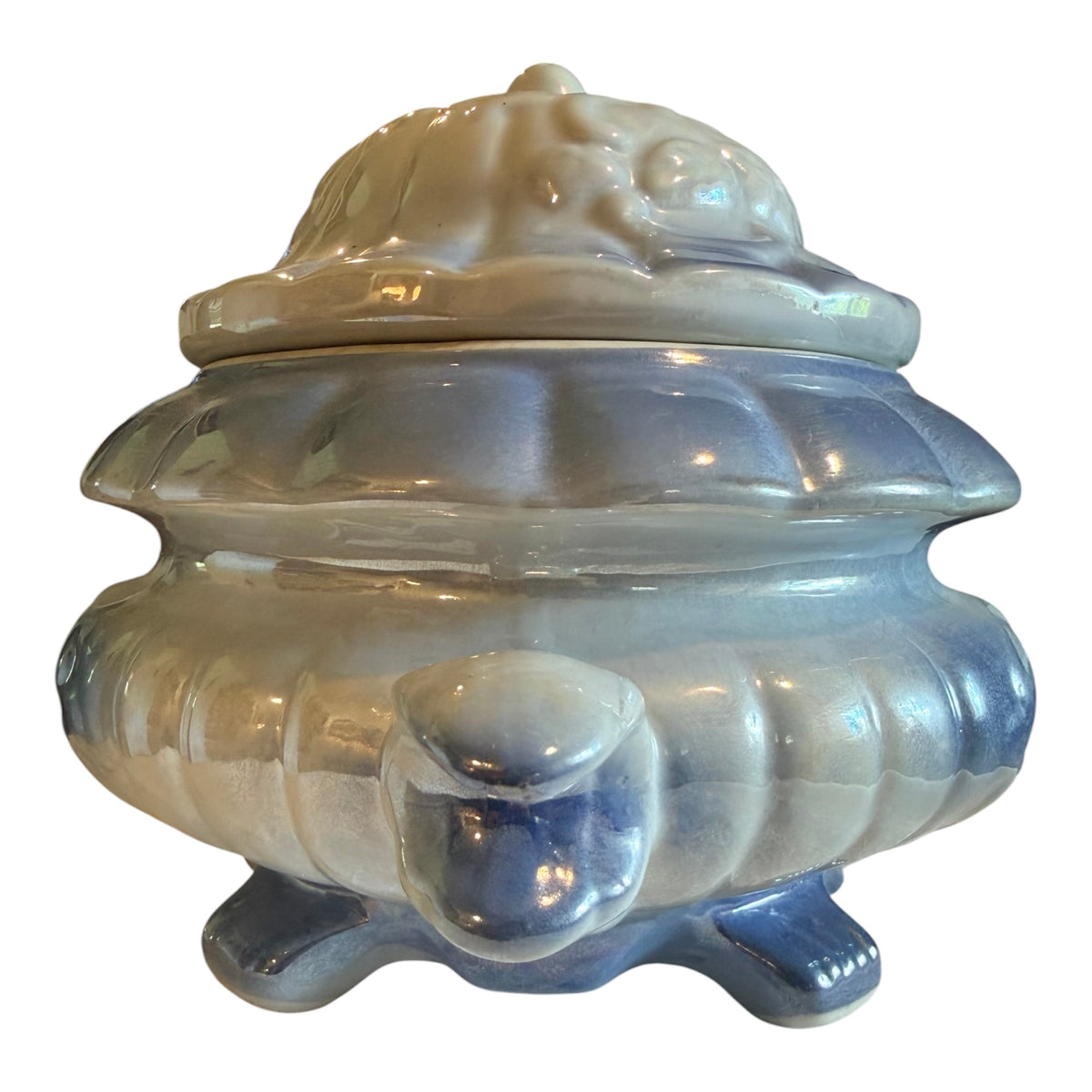 Blue Iridescent Lusterware Vintage Covered Serving Bowl | Pink Rose Floral Tureen