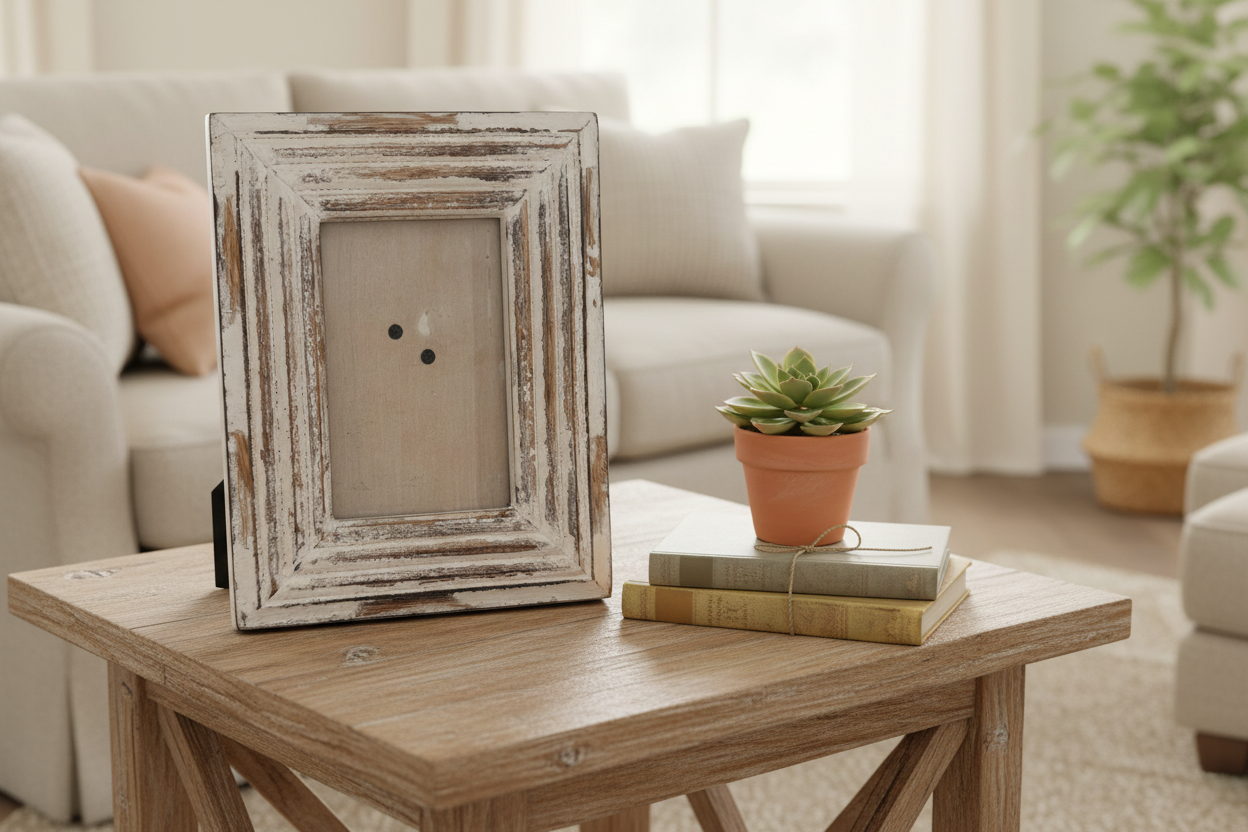 White Distressed Wood Frame – Farmhouse Rustic 4x6 Photo, 7 1/4” x 9 1/4”