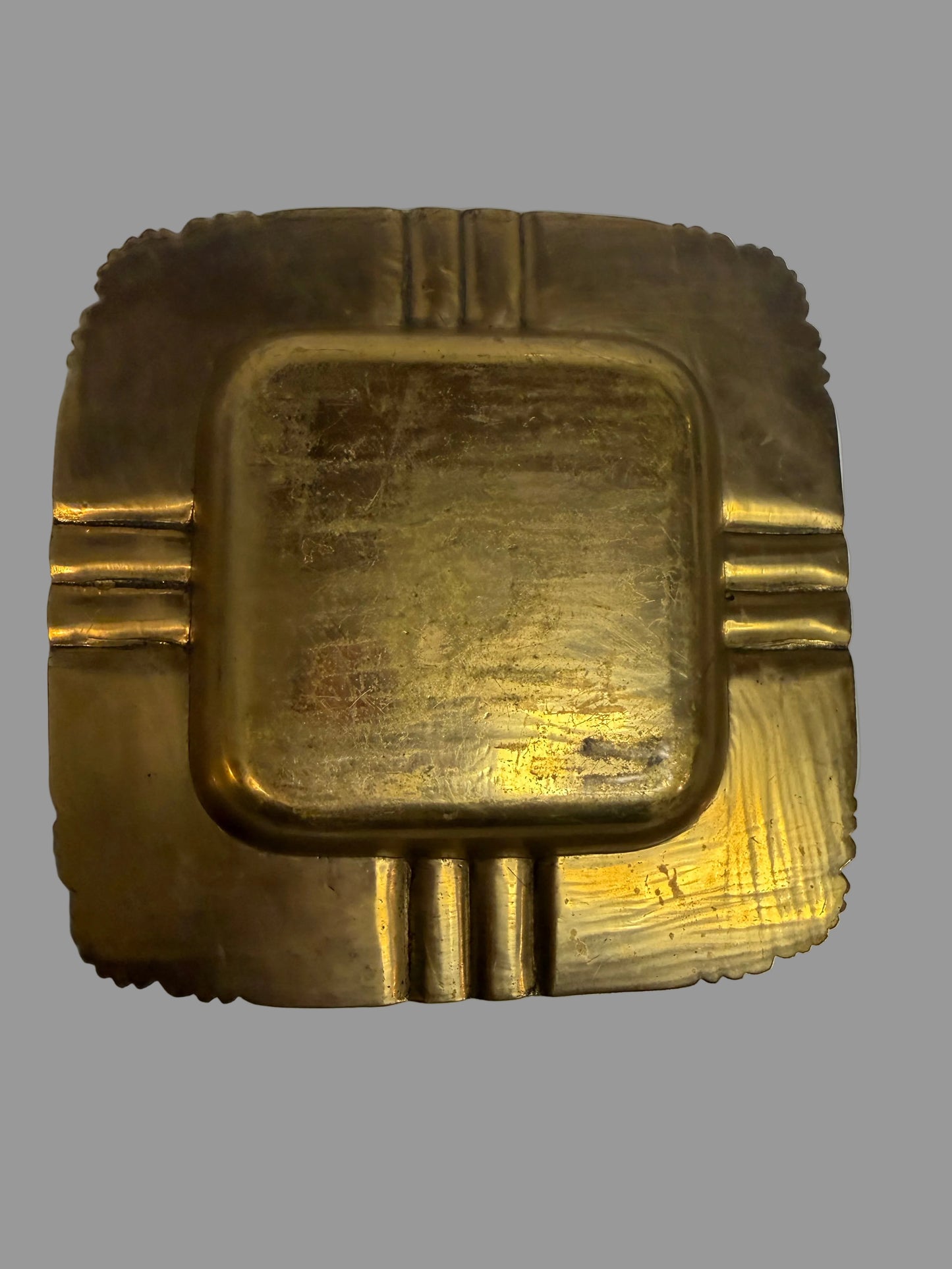 Vintage Square Brass Ashtray with Red Enamel Floral Design