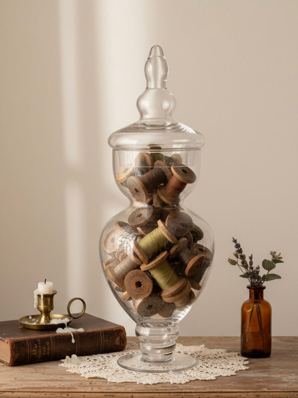 Large 16” Hand-Blown Glass Apothecary Jar with Lid – Footed Candy Jar | Vintage-Style Display Vessel