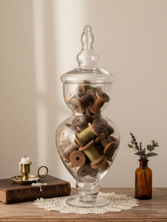 Large 16” Hand-Blown Glass Apothecary Jar with Lid – Footed Candy Jar | Vintage-Style Display Vessel