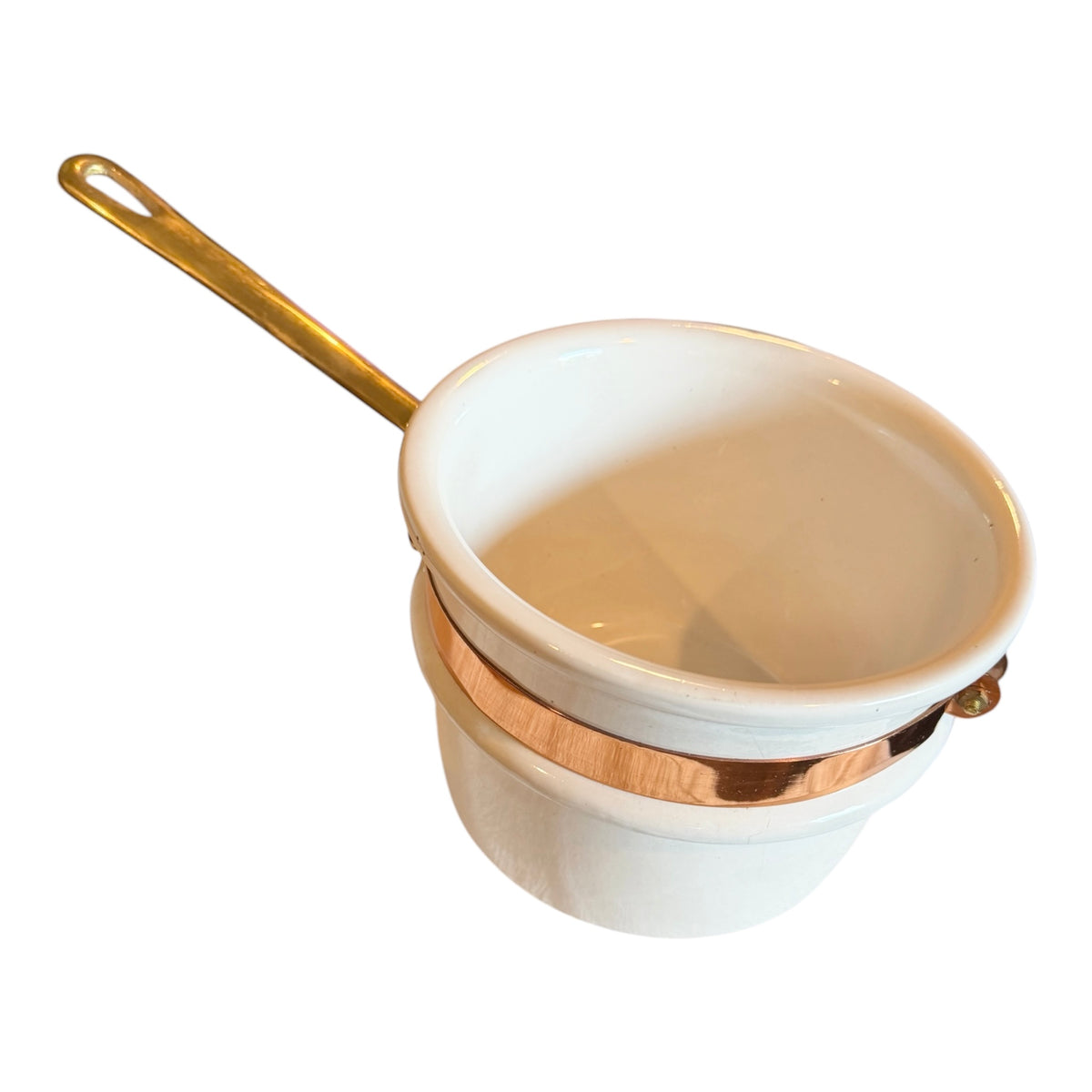 Ceramic Vintage Double Boiler Insert with Copper Band & Brass Handle