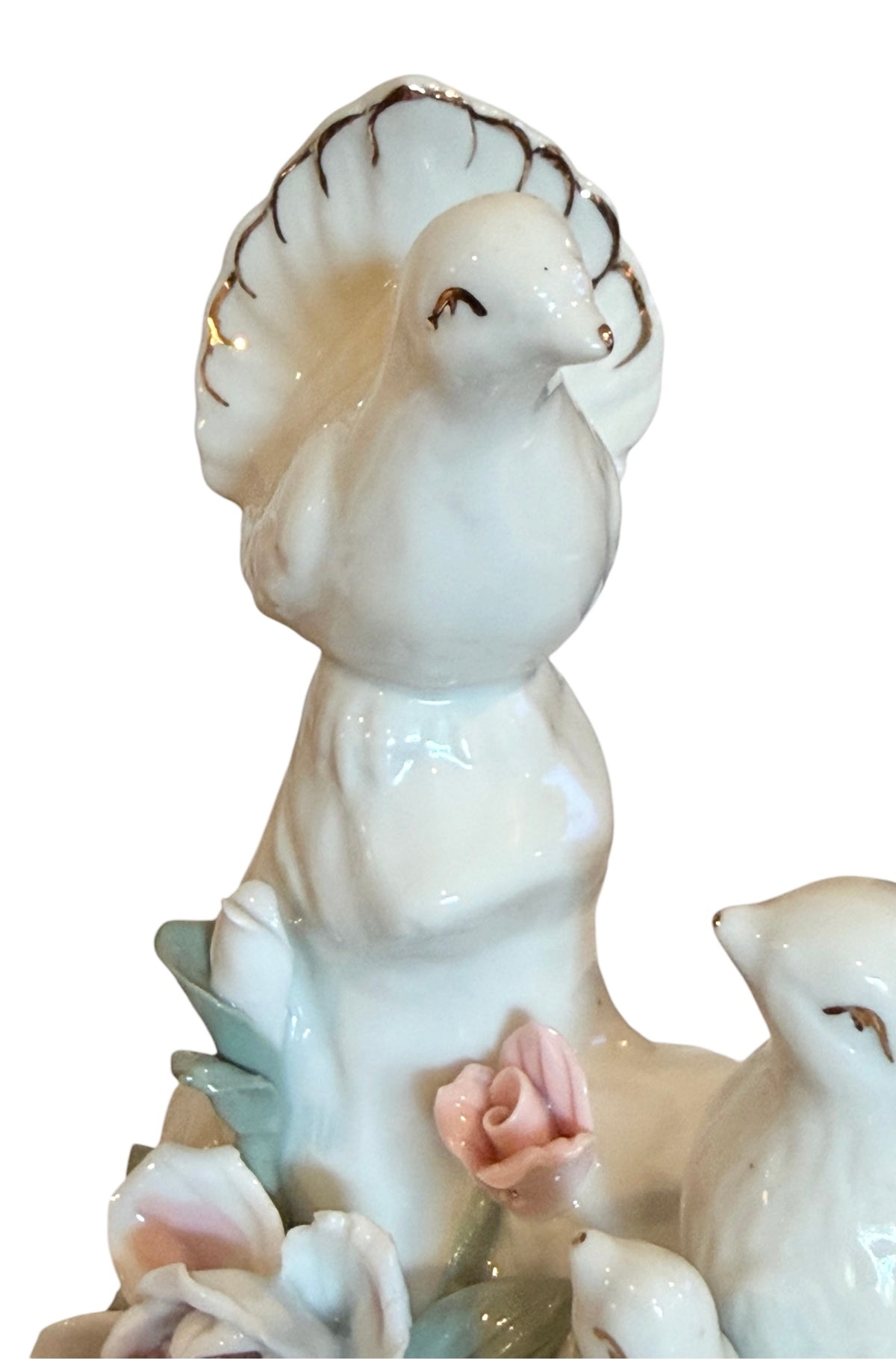 Porcelain Vintage Dove Family Figurine with Applied Flowers & Gold Accents