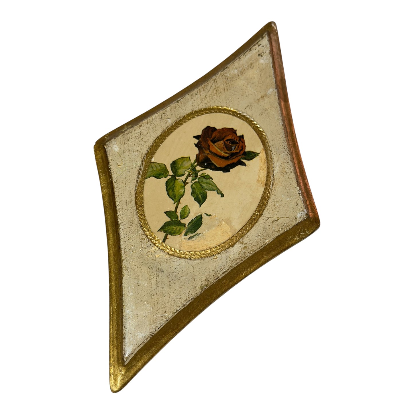 Italian Vintage Florentine Rose Wall Plaques – Pair of Diamond-Shaped Gilt Wood Botanical Art
