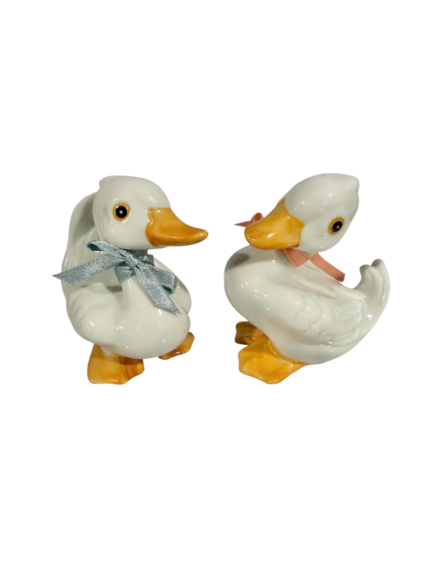Homco Vintage Ceramic Duck Figurine Pair – Model #1414 | Glossy White with Ribbon Detail