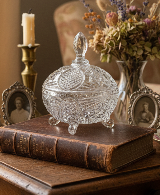 Cut Crystal Vintage Footed Candy Dish with Lid | Hobstar Pattern Compote | Elegant Vintage Decor