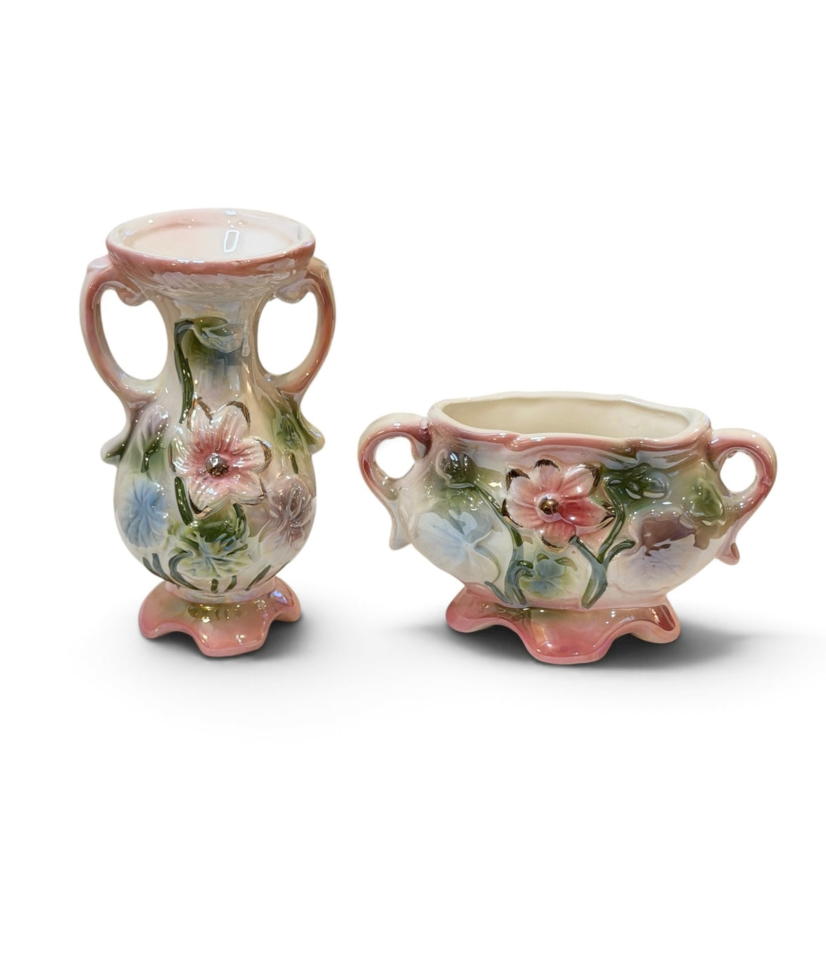 Vintage Brazilian Iridescent Lusterware Floral Pottery Set – Bud Vase & Planter