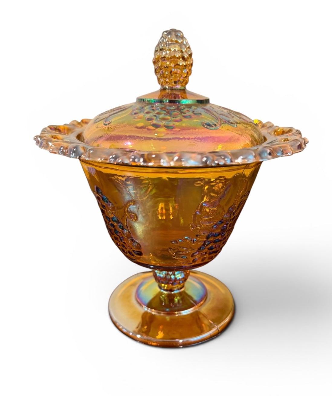Indiana Glass Vintage Harvest Grape Carnival Glass Candy Dish with Lid – Marigold Iridescent Pedestal Bowl