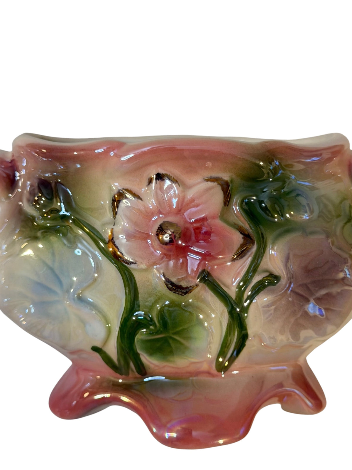 Vintage Brazilian Iridescent Lusterware Floral Pottery Set – Bud Vase & Planter