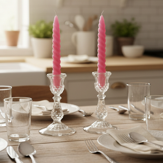 Cristal d’Arques Durand Longchamp Vintage Crystal Candlestick Holders – Pair with Pink Spiral Taper Candles