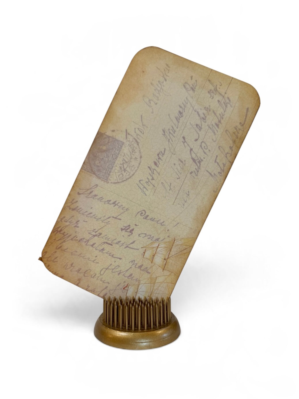 Gold-Tone Flower Frog with Vintage-Style Ephemera Display – 2”