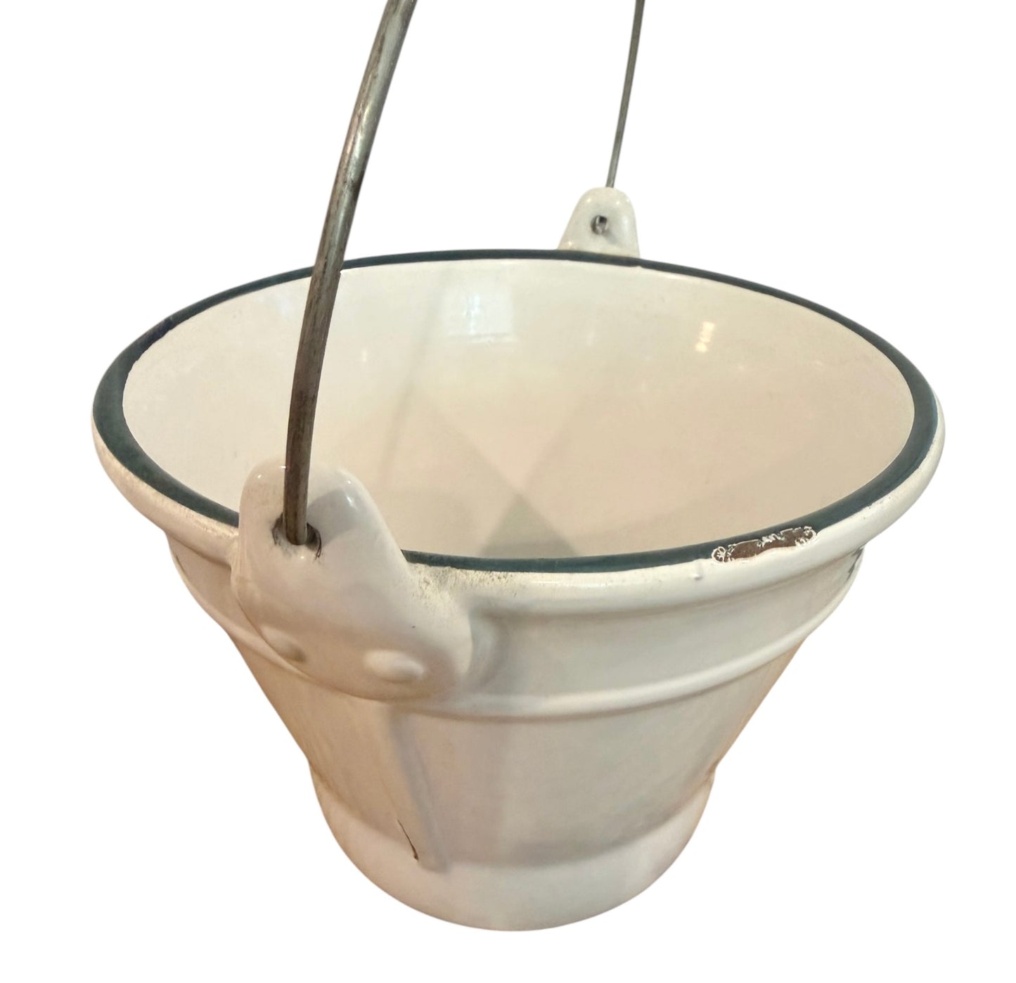 Norcal Vintage Pottery White Faux Enamelware Bucket with Blue Rim & Handle – Vintage Farmhouse Decor