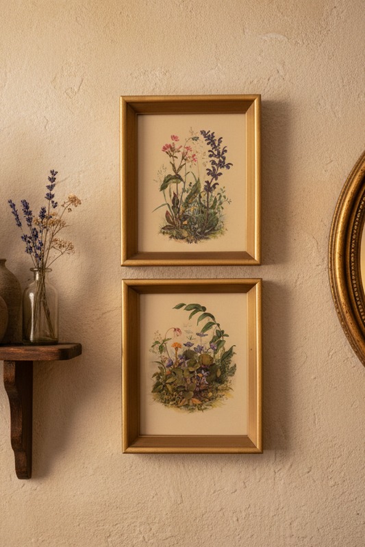 Botanical Wildflower Vintage Prints in Gilded Frames – Cottagecore Wall Art, Set of 2