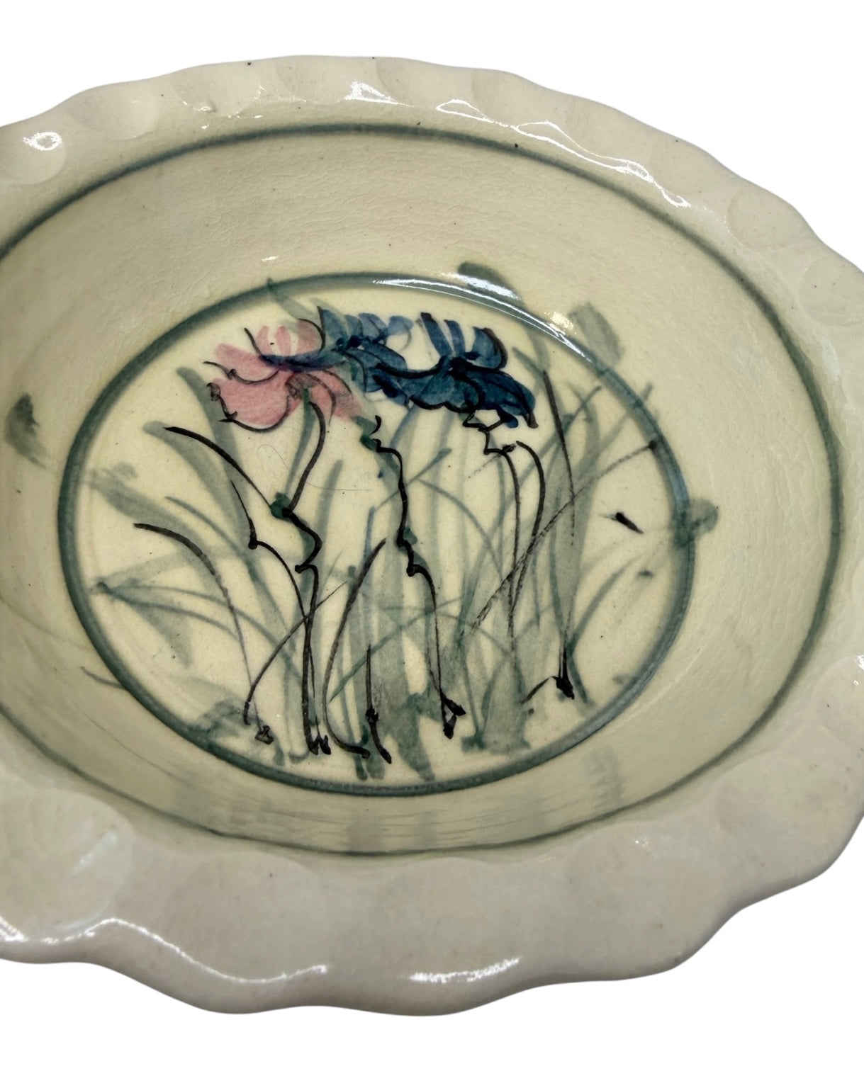 Studio Art Pottery Pie Plate – Hand-Painted Iris Floral Baking Dish with Scalloped Rim