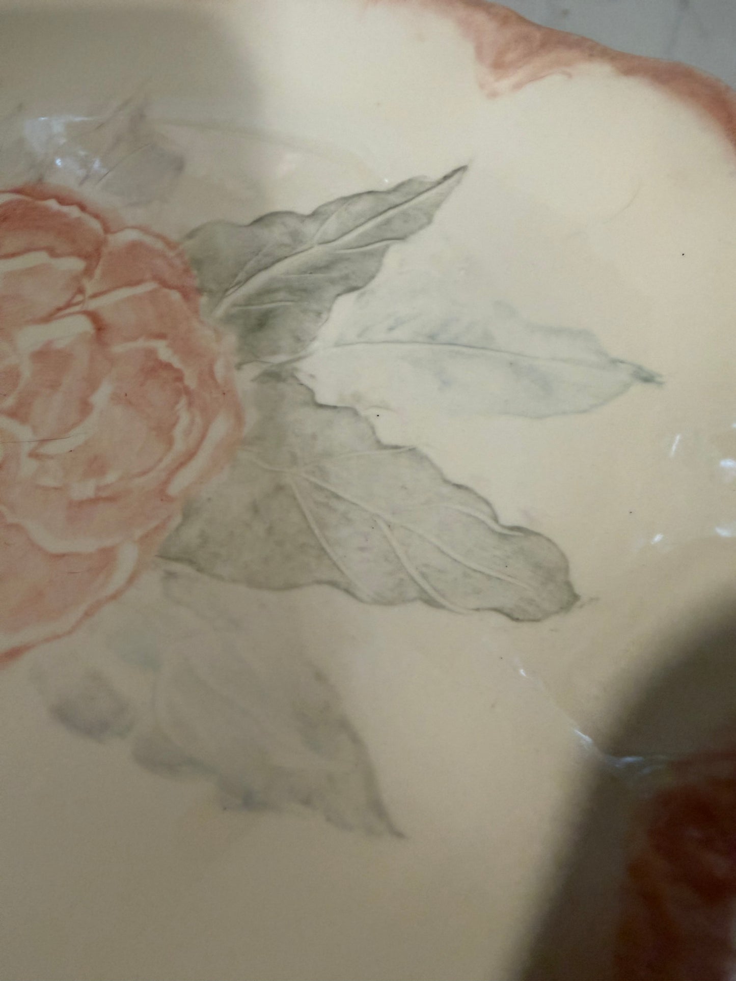 Vintage Pink and Green Floral Pottery Platter | USA Stamped | 12″ x 9″ | Possibly SCIO Pottery