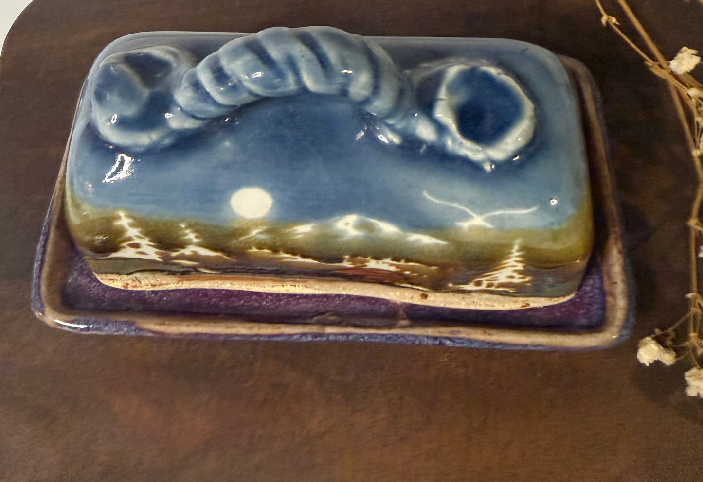 Handmade Ceramic Covered Butter Dish – Mountain/Taos Style Scenic Glaze