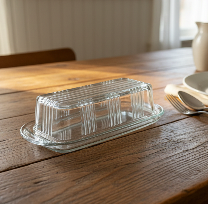 Vintage Clear Glass Ribbed Covered Butter Dish