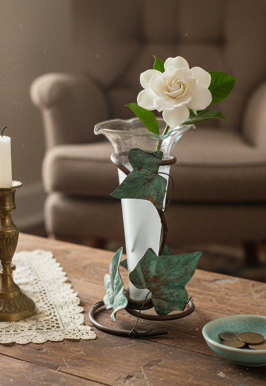 Bud Vase Vintage Glass with Copper Vine Wrap | Hollywood Regency Floral Accent