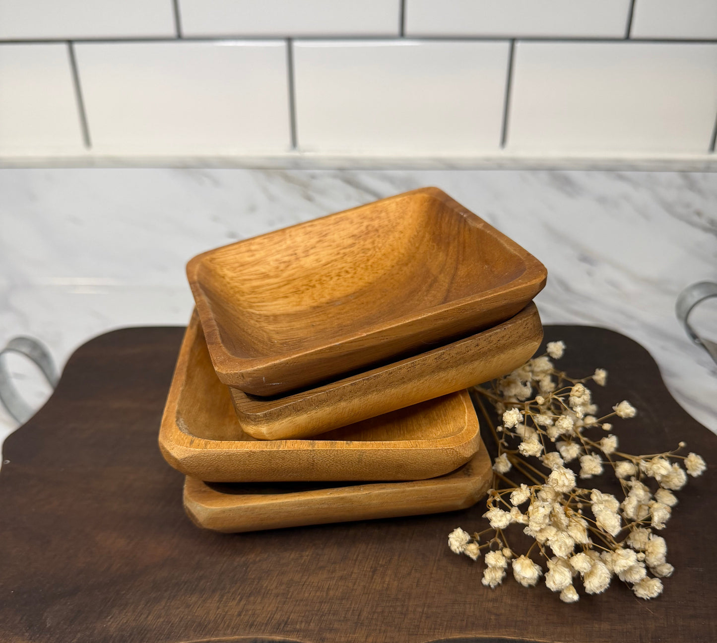 Vintage Wooden Dipping Bowls - Set of 4 - 4” x 4”