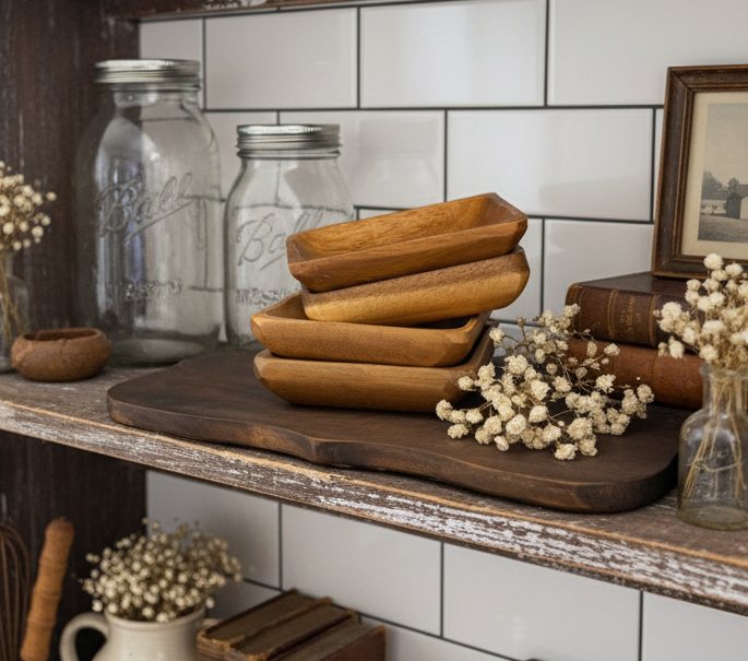 Vintage Wooden Dipping Bowls - Set of 4 - 4” x 4”