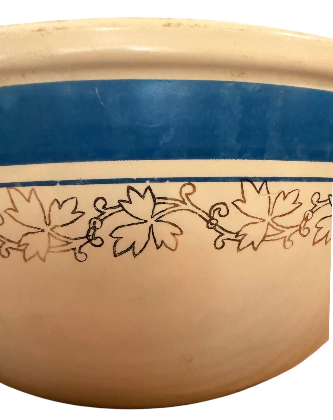 Jewel Tea Homer Laughlin Vintage Stoneware Mixing Bowl | Blue Band & Gold Ivy Pattern | 1930s-1940s
