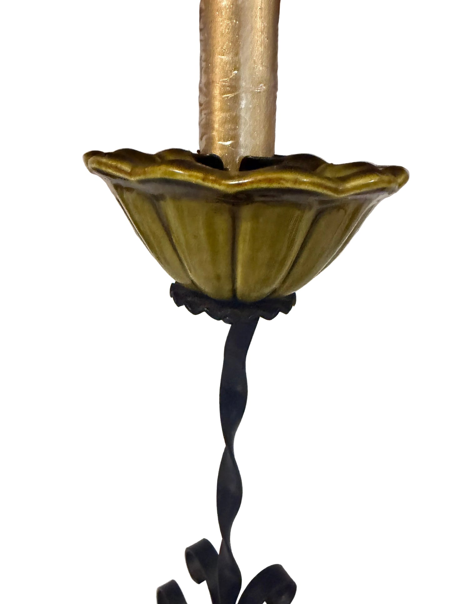 Set of Two Rare Treasure Craft Black Metal & Green Ceramic Candelabra