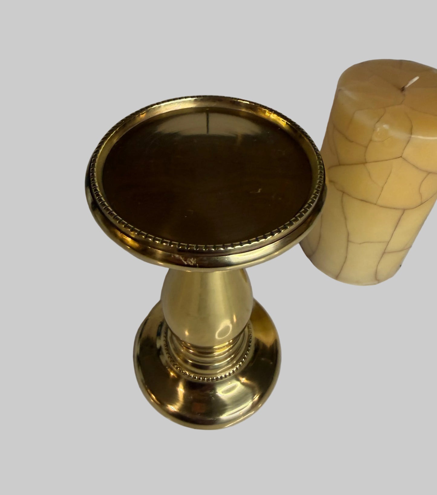 Frontgate Brass Pillar Candle Holder with Crackled Cream Candle