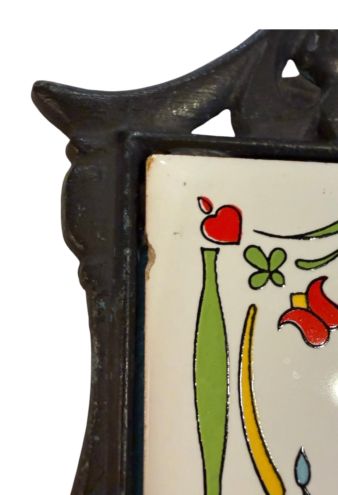 Cast Iron & Ceramic Tile Trivet – Folk Art “Patience” Quote Wall Decor