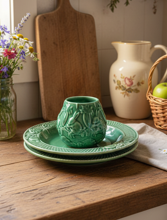 Bordallo Pinheiro “Rabbit Green” Majolica Vintage Serving Bowl Set with Sugar Bowl | Made in Portugal