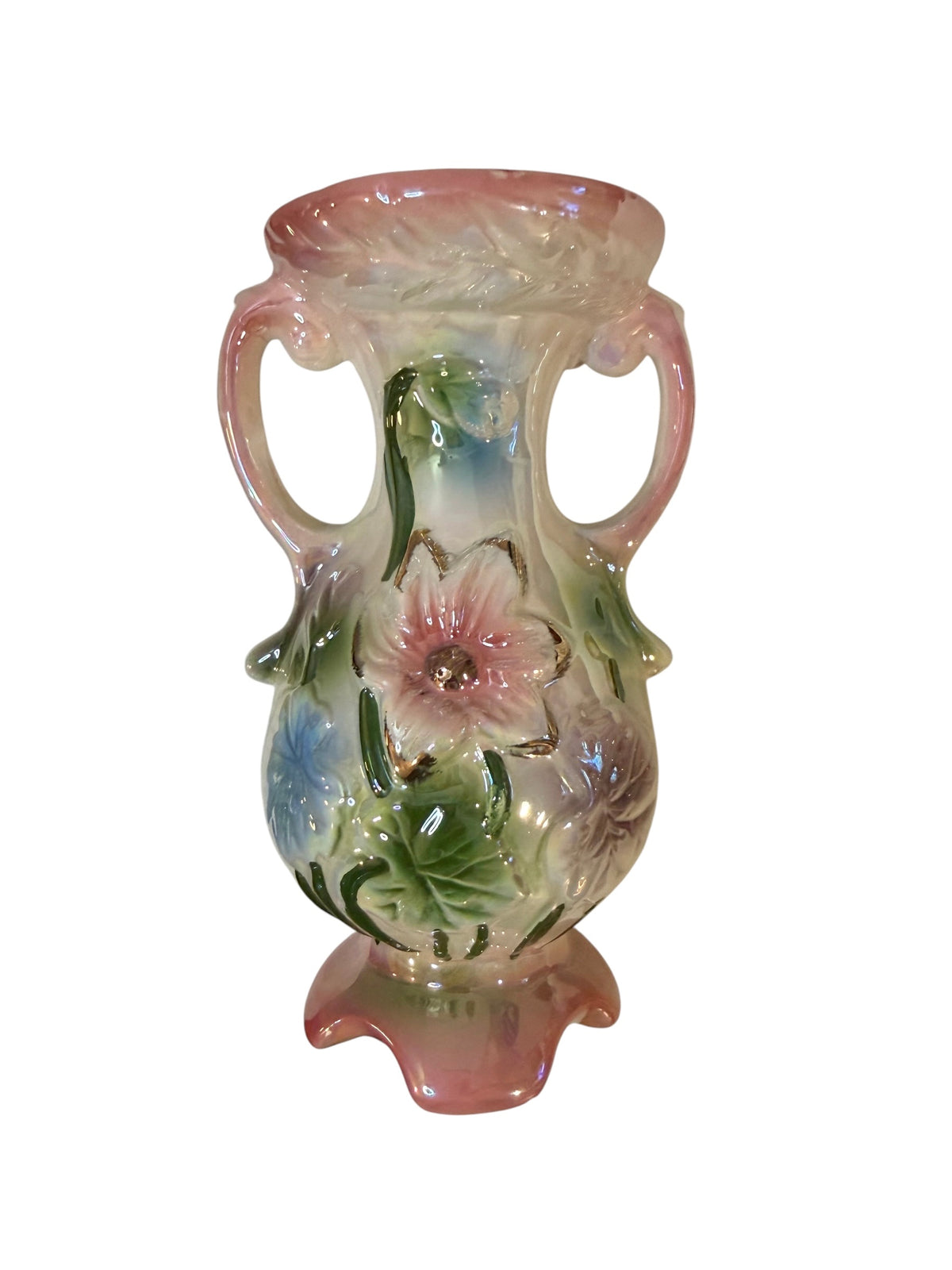 Vintage Brazilian Iridescent Lusterware Floral Pottery Set – Bud Vase & Planter
