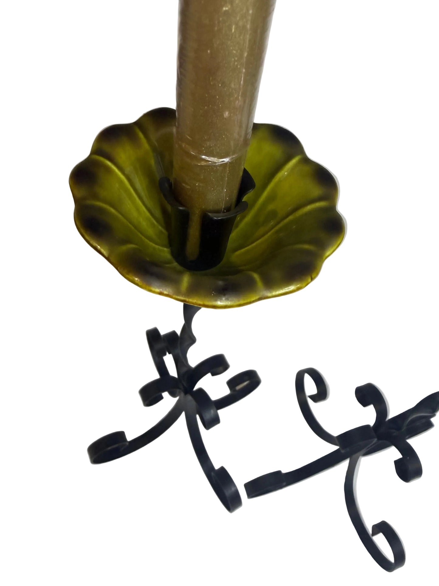 Set of Two Rare Treasure Craft Black Metal & Green Ceramic Candelabra